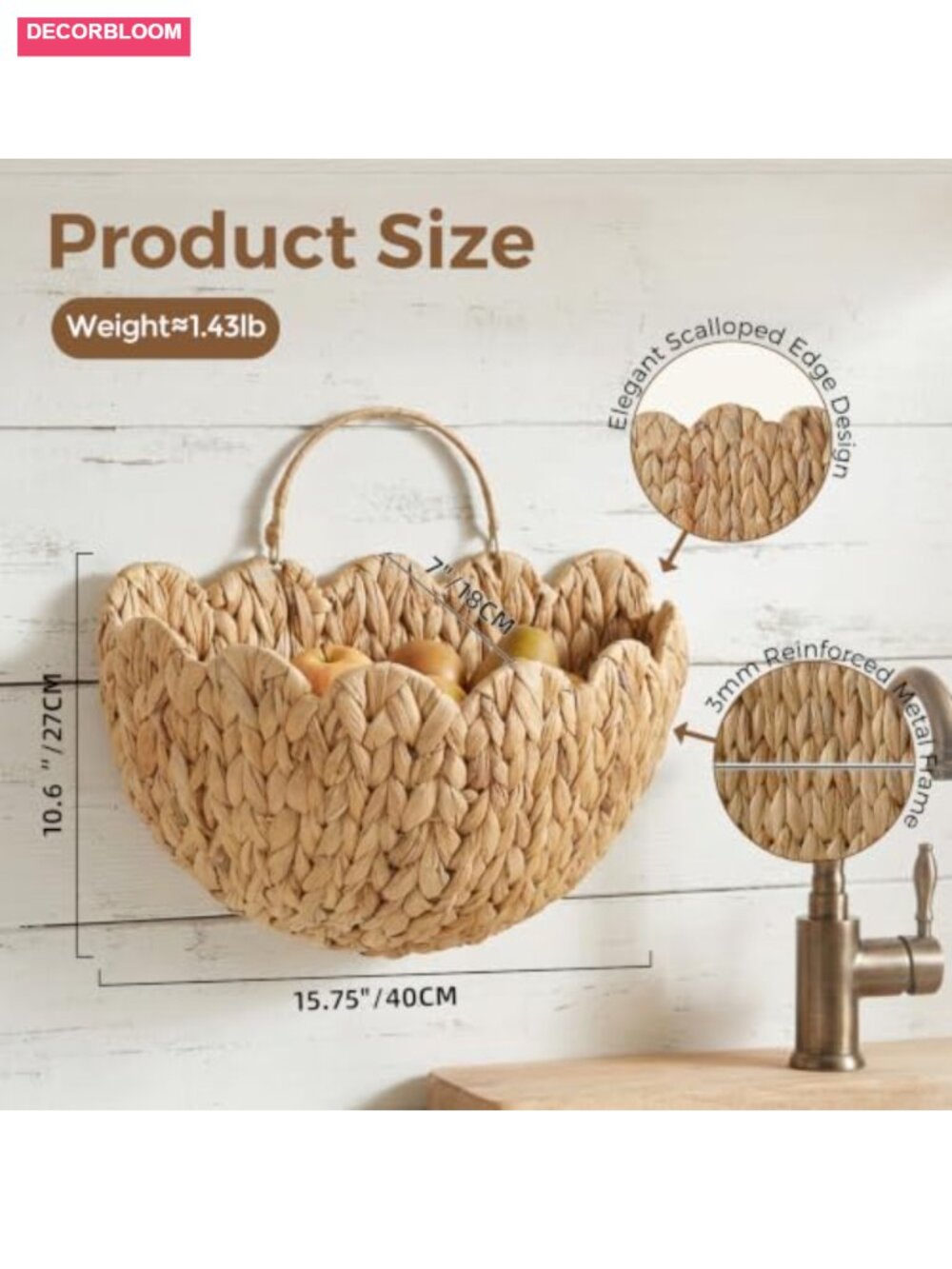 Scalloped Wicker Wall Basket, Water Hyacinth Hanging Basket with Handle, Boho - Picture 2 of 6